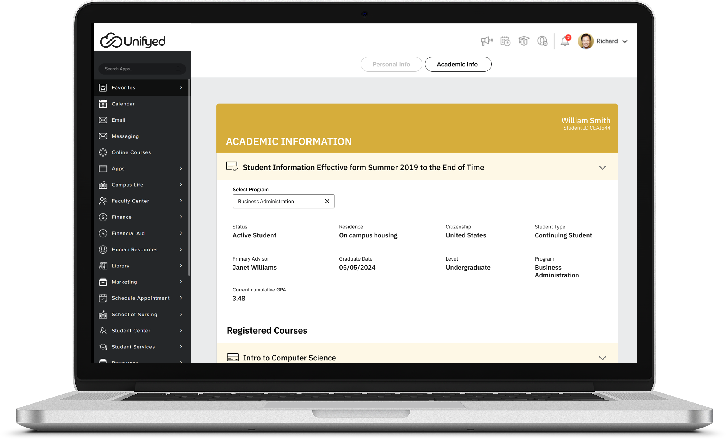 Academic and Finance Feature in Unifyed's Student engagement Portal